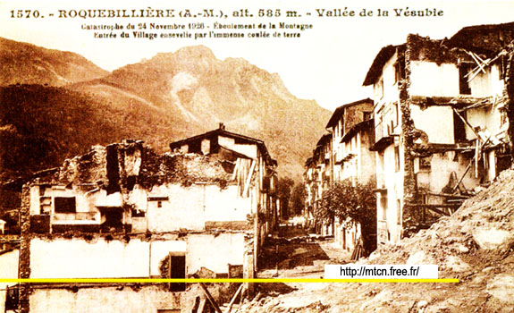 Natural disaster on november 24th 1926 in Roquebilliere. Landslide of the mountain, entry of the village buried beneath the huge mudslide.